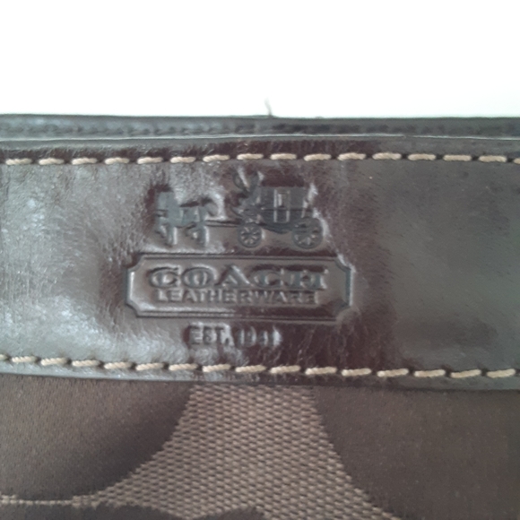 Coach Brown Signature Stripe Canvas Small Shoulder Bag Purse Leather Trim - Picture 3 of 12